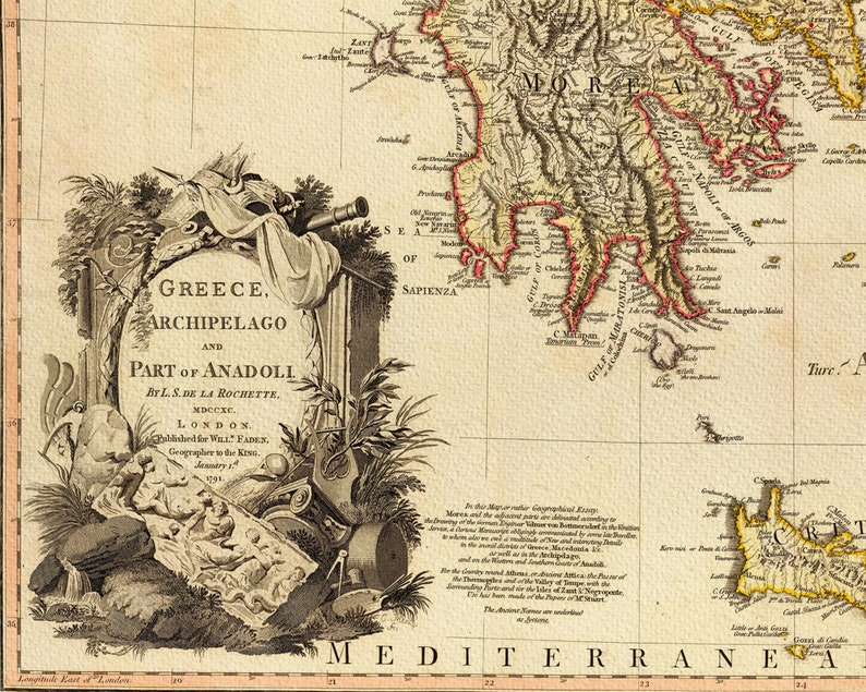 Carte de la Grèce Antique de 1791, Reproduction de Carte ancienne, Ancienne Carte de Grèce Antique image 4