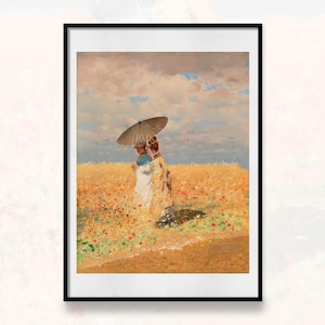 Könnte beinhalten: Gerahmter Kunstdruck einer ländlichen Szene. Zwei Personen in heller Kleidung spazieren unter einem Sonnenschirm durch ein Feld mit Wildblumen. Der Himmel ist bewölkt, und die Farbpalette ist warm und einladend.