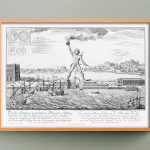 Colossus of Rhodes etching, Seven Wonders of the Ancient World print