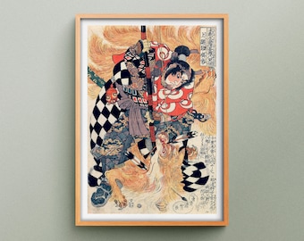 Pode incluir: Impressão em madeira japonesa emoldurada retratando um guerreiro em trajes coloridos lutando contra uma besta de fogo. A obra de arte apresenta uma composição dinâmica com linhas arrojadas, cores vibrantes e texto japonês tradicional.