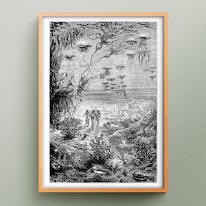 Grabado Veinte mil leguas de viaje submarino, Ilustración de Julio Verne, Grabado original de Alphonse de Neuville