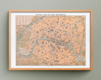 Nouveau plan de Paris monumental de 1922, Reproduction de plan ancien, Ancien plan vintage de Paris et de ses monuments