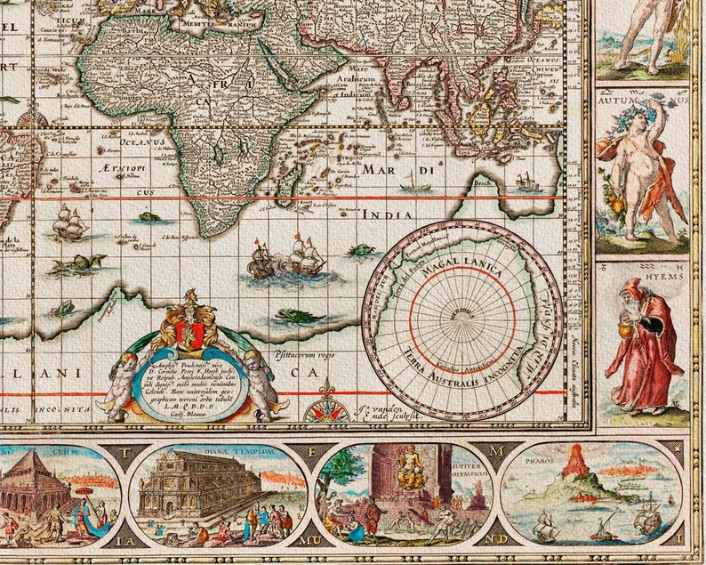 1606 World Map, Old Map Print, Vintage World Map Reproduction, Seven