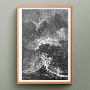 Five Weeks in a Baloon etching print, Jules Verne book illustration, The Volcano etching by Edouard Riou