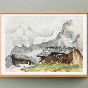 Chalets Breithorn Murren print, Watercolor by John Singer Sargent, Snowy Mountains Landscape poster