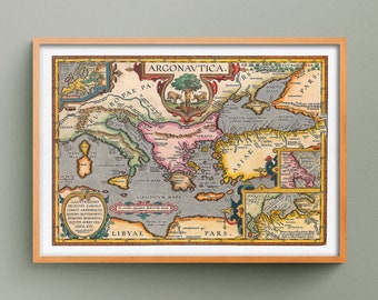 Carte du Voyage de Jason et les Argonautes, Reproduction de Carte Ancienne, Carte de Mythologie Grecque