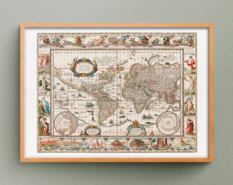Mapa del mundo de 1606, Impresión de mapas antiguos, Mapa del mundo vintage, Mapa de las siete maravillas del mundo antiguo