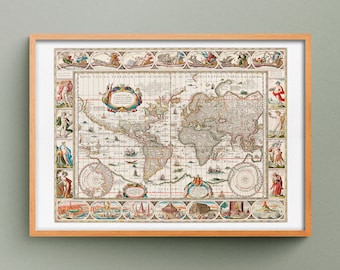 Mapa del mundo de 1606, Impresión de mapas antiguos, Mapa del mundo vintage, Mapa de las siete maravillas del mundo antiguo