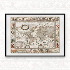 Mappa del mondo del 1606, stampa di mappa antica, mappa del mondo d'epoca, mappa delle sette meraviglie del mondo antico