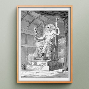 Incisione della statua di Zeus a Olimpia, riproduzione delle sette meraviglie del mondo antico, stampa della mitologia greca