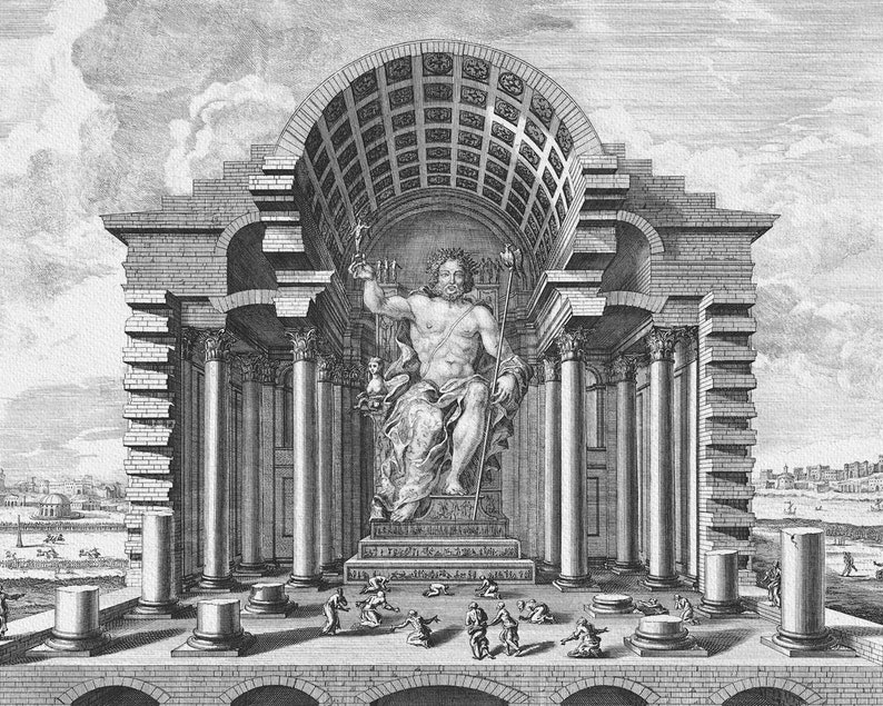 Statue of Zeus at Olympia Etching, Seven Wonders of the Ancient World