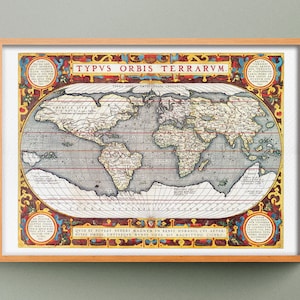 Carte du Monde de 1595, Reproduction de Carte Ancienne, Carte du Monde Vintage, Carte Typus Orbis Terrarum