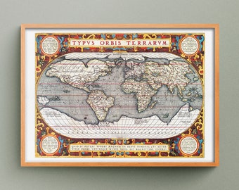 Carte du Monde de 1595, Reproduction de Carte Ancienne, Carte du Monde Vintage, Carte Typus Orbis Terrarum