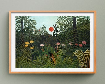 Imprimir Paisaje de bosque virgen con el sol poniente, Pintura de Douanier Rousseau, Reproducción de pintura
