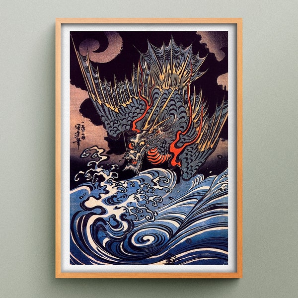 Japanese Sea Dragon Art Print, Utagawa Kuniyoshi Art, Restored Reproduction of Dragon Art
