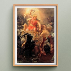 Peut inclure: Une impression encadrée d'une peinture représentant une scène mythologique. Une figure vêtue de rouge et d'or lève un marteau, avec la foudre qui frappe. D'autres personnages sont dans la scène, avec une chèvre noire au premier plan. Le cadre est de couleur marron clair.