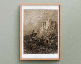 Grabado Los idilios del rey de Gustave Doré, Ilustración de La leyenda del rey Arturo, Edyrn con su dama va a la corte de Arturo