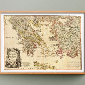 Kaart van het oude Griekenland uit 1791, reproductie van een oude kaart, oude kaart van het oude Griekenland