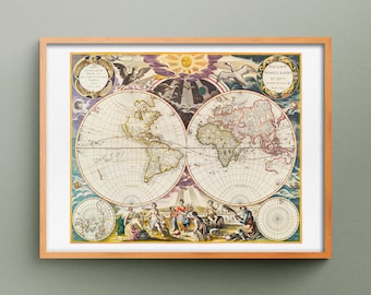Carte du Nouveau Monde de 1668, Gravure de Goos Pieter, Impression vintage de Carte Ancienne du Monde