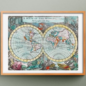 Una mappa del mondo del 1682, mappa di John Seller, stampa antica della mappa del mondo