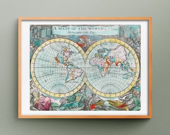 1682 A Mapp of the World art print, Map by John Seller, Reproduction of A Mapp of the World