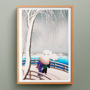 Neve sul ponte Yanagibashi di Ohara Koson, illustrazione d'arte giapponese
