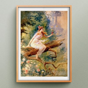 Wood Nymph Print by Charles Marion Russell, Illustration of a Fairy in a Forest with Flowers and Butterflies