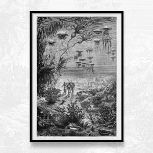 Peut inclure: Impression en noir et blanc encadrée d'une scène sous-marine avec des méduses et deux personnages. L'illustration détaillée représente un environnement fantastique avec de la flore et des créatures marines.