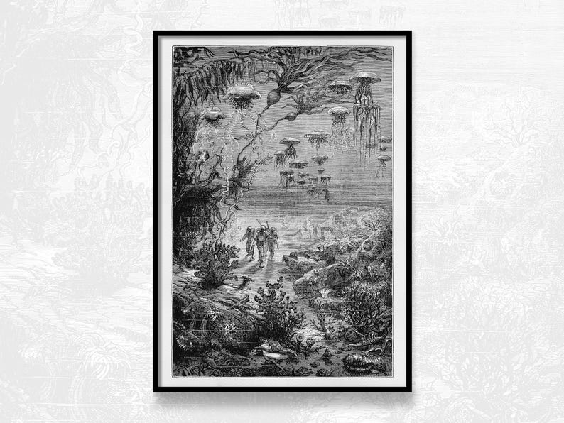 Rycina z „Dwudziestu tysięcy mil podmorskiej żeglugi”, ilustracja Juliusza Verne’a, oryginalna rycina Alphonse’a de Neuville’a