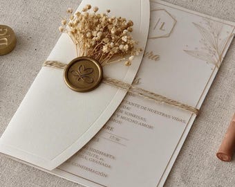 Luxury Gold Foil Acrylic Wedding Invitation, Real Wax Seal Dried Flowers, Custom Colors Clear Acrylic Wedding Invite Suite, Shiny Foil Print