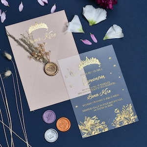 Elegante Quinceanera Einladungen, Acryl Hochzeitseinladung, Goldfolie einladen, Geburtstag, Party Einladung, Sweet 16, Hochzeitseinladung