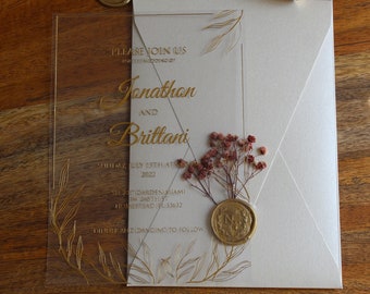 Luxurius Acrylic Gold Foiled Wedding Invitation with Wax Seal and Dried Flowers Cream Calling Party Event Card Sweet 16 Quinceanera