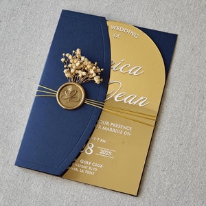 Elegante blauwgouden gespiegelde acrylhuwelijksuitnodiging, uitnodiging voor feest, aangepaste uitnodiging, babyshoweruitnodiging, quinceanera, uitnodiging voor Sweet 16