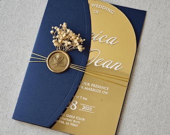 Elegant Blue Gold Mirrored Acrylic wedding invitation, Party Invitation, Custom Invitation, Baby Shower Invite, Quinceanera, Sweet 16 Invite