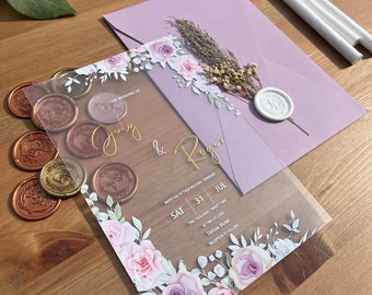 Floral Acrylic Wedding Invitation, Gold Foil Wedding Invitation With Colored Flowers, Custom Wedding Invitations and Invite Detail Cards