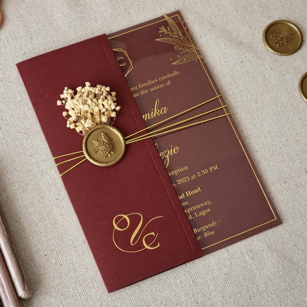 Burgundy Acrylic Wedding Invitations With Gold Foil, Half Fold Envelope, Party Invitations, Quinceanera, Clear Invitations, Custom Invites