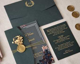 Green Acrylic Wedding Invitations With Gold Foil, Half Fold Envelope, RSVP Cards, Quinceanera, Clear Invitations, Custom Invites Envelopes