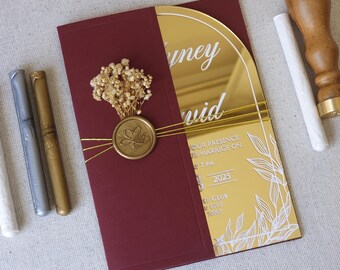Elegant Burgundy Gold Mirrored Acrylic wedding invitation, Party Invitation, Custom Invitation, Baby Shower, Quinceanera, Sweet 16 Invite