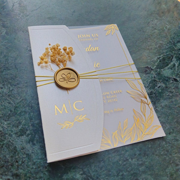 Elegant Acrylic Wedding Invitations With Gold Foil, Half Fold Envelope, Sweet 16 Invitations, Quinceanera, Clear Invitations, Custom Invites