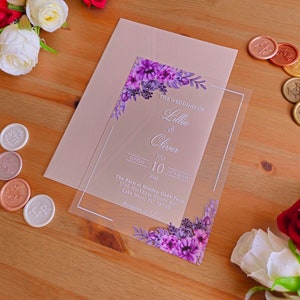 Lila Blumen-Acryl-Hochzeitseinladung, Party-Einladungen, benutzerdefinierte Einladungen, Babypartyeinladung Quinceanera, Sweet 16 Einladung,