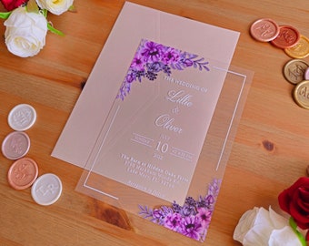 Purple Floral Acrylic Wedding Invitation, Party Invitations, Custom Invitations, Baby Shower Invitation Quinceanera, Sweet 16 Invitation,