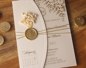 Beige Gold Foil Acrylic Wedding Invitation, Dried Flower Wax Seal Botanical Envelope Invite, Luxury Custom Quinceanera Save the Date Card