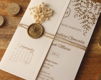 Beige Acrylic Wedding Invitations With Gold Foil, Half Fold Envelope with Calendar, Quinceanera, Clear Invitations, Custom Invites