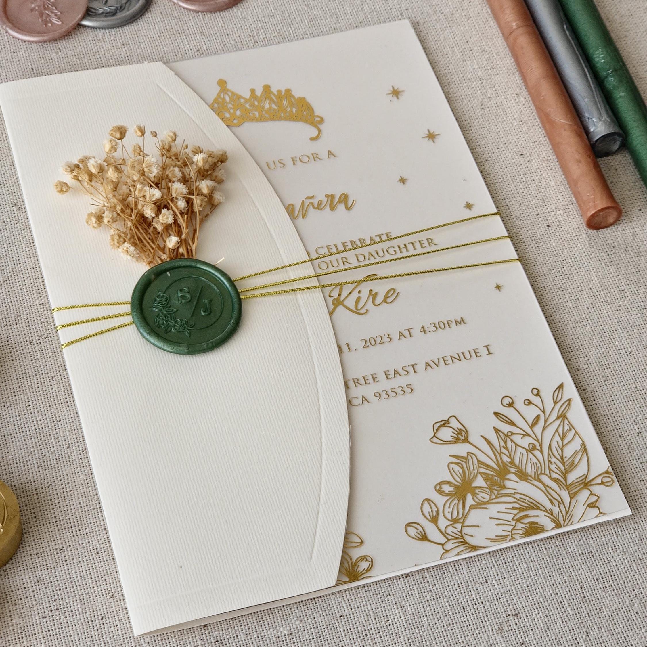Elegant Ivory Acrylic Quinceanera Invitations With Gold Foil Half Fold Envelope Wedding Cards Clear Party Invitations Personalized Invite