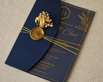 Navy Blue Acrylic Wedding Invitation Gold Foil Print Half Folded Envelope Party Calling Card Clear Baby Shower Sweet 16 Quinceanera Invite