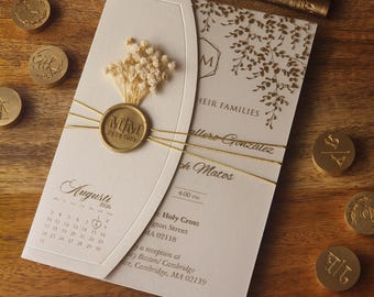 Beige Acrylic Wedding Invitation with Gold Foil, Luxury Personalized Wedding Invite, Dried Flower & Wax Seal, Elegant Wedding Suite