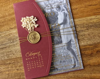 Burgundy Acrylic Wedding Invitations With Gold Foil, All In One, Photo Invitation, Quinceanera Invitations, Personalized Invite