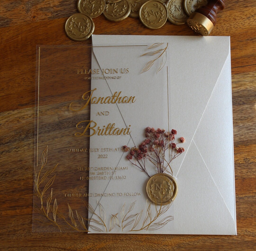 Luxurius Acrylic Gold Foiled Wedding Invitation With Wax Seal and Dried ...
