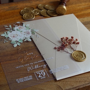 Faire-part de mariage floral en acrylique avec impression de feuille d'or, faire-part de mariage personnalisé, faire-part Quinceanera, faire-part de baby shower
