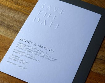 Minimalist Letterpress Wedding Invitation, Blind Emboss Save The Date Card, Luxury Wedding Stationery, Modern Wedding Suite, Elegant Invite